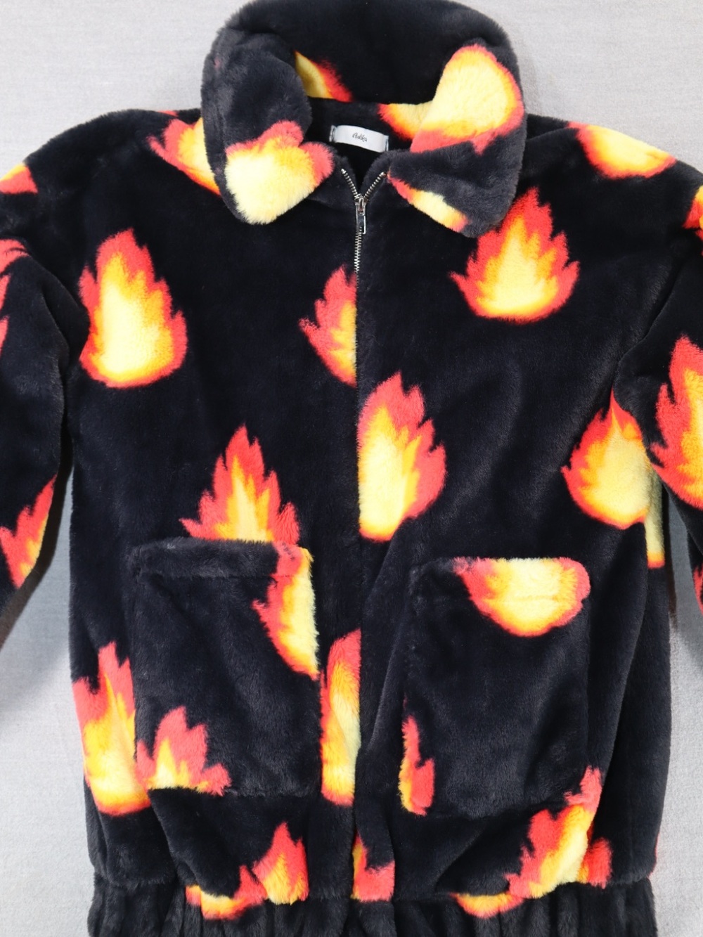 Adika Black Faux Fur Jacket with Yellow & Red Flame Print